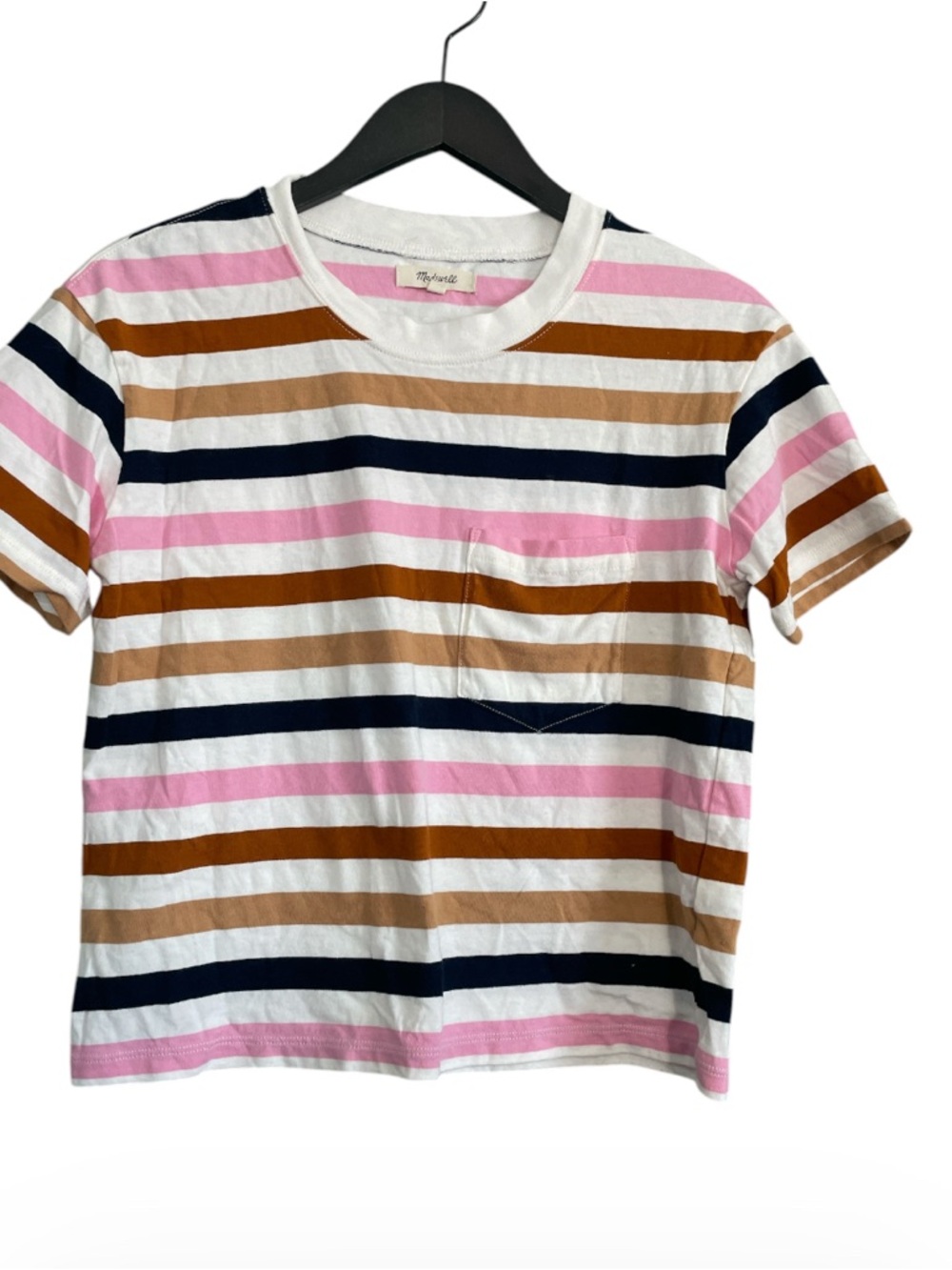 Madewell White Tee with Pink and Brown Stripes